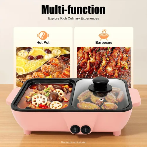 Vista 4 de Olla caliente eléctrica de 1200 W con parrilla, 2 en 1 antiadherente mini Shabu Shabu barbacoa sartén de 110 V olla de cocina de mesa con doble