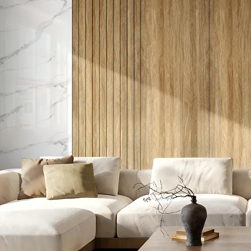 Vista 2 de Chejiaye Panel de pared 3D de listones de grano de madera, 15.75 x 118 pulgadas, adhesivo de pared autoadhesivo insonorizado, resistente a