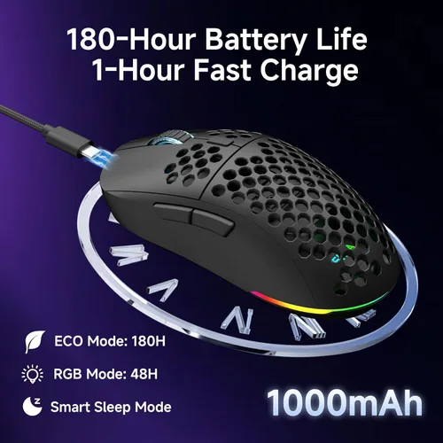 Vista 5 de DIERYA M1 - Mouse inalámbrico para juegos, 24000 DPI, batería de 180 horas, 16.8 M RGB, 6 botones programables, ligero, trimodo (2.4GBT5.2USB-C)