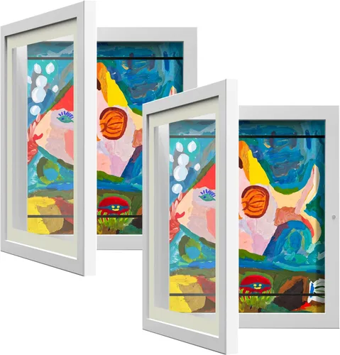 Vista 10 de Paquete de 2 marcos de arte para niños, marcos de obras de arte para niños, intercambiables de 8 x 10.5 pulgadas con paspartú y 9 x 12 pulgadas sin