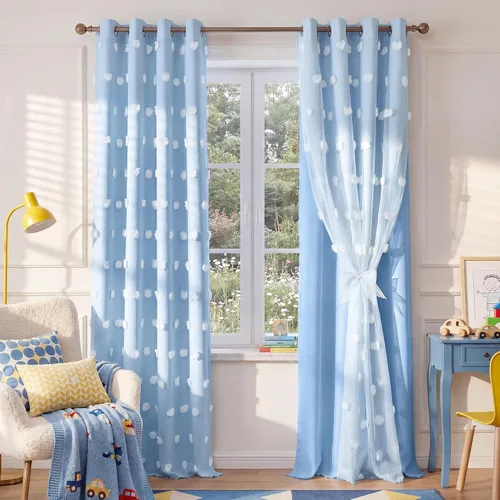 Vista 14 de RYB HOME Cortinas rosas con bonito pompón transparente superposición de 96