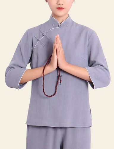 Vista 5 de Conjuntos de estilo chino tradicional para mujer, manga larga, con botones de rana, 2 piezas