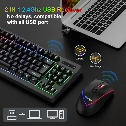 Vista 4 de BlueFinger Combo de teclado y mouse inalámbricos, batería recargable de larga duración, 87 teclas RGB con retroiluminación arco iris y mouse
