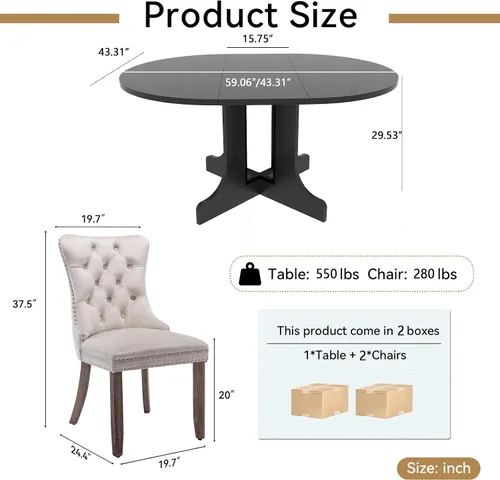 Vista 4 de Juego de mesa de comedor extensible negra de 43"-59" para 2, juego de mesa de comedor de 3 piezas con 2 sillas, mesa de cocina redonda de madera que