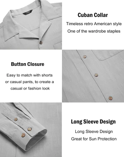 Vista 5 de COOFANDY Camisas de algodón y lino para hombre, de manga larga, casuales, con botones, para la playa