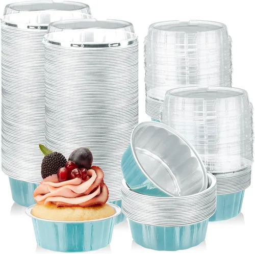 Vista 9 de Tessco for you 200 moldes desechables con tapas, 8 onzas, Ramekin Creme Brulee Ramekin, papel de aluminio, para cupcakes, para hornear, San plateado