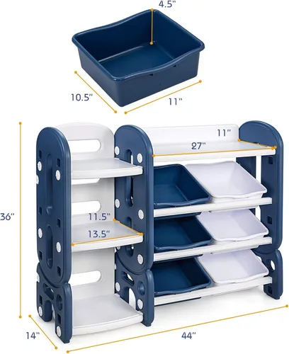 Vista 3 de HONEY JOY Organizador de almacenamiento de juguetes para niños de 4 niveles con 6 contenedores, unidad de almacenamiento de juguetes 2 en 1