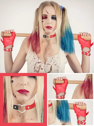 Vista 2 de Eurzom Juego de 2 guantes de piel sintética sin dedos con diseño de corazón, incluye guantes rojos sin dedos, collar punk rojo y negro para mujer
