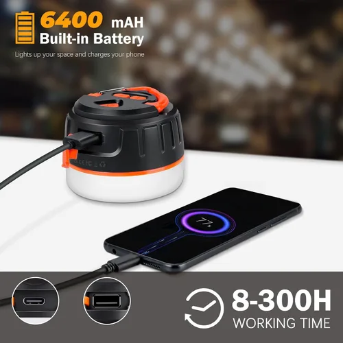 Vista 4 de Yonktoo Linterna de camping recargable, 300 horas de funcionamiento, 6400 mAh, IPX5 impermeable para tienda de campaña para camping, senderismo