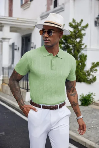 Vista 17 de COOFANDY Camisas polo de punto para hombre de manga corta con textura acanalada Camisas de golf casuales y ligeras con cuello Camiseta de polo