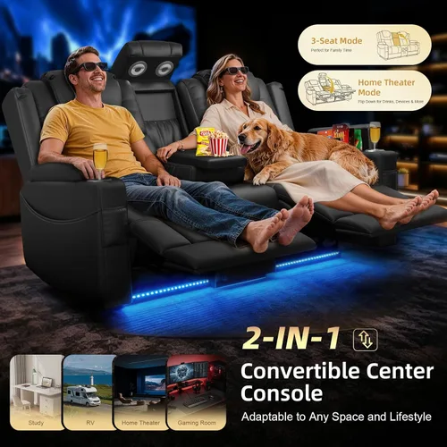 Vista 7 de Sofá reclinable eléctrico, asiento de cine en casa con consola abatible, sofá biplaza reclinable de pared con luz LED, puertos USB, sofá de casa