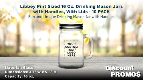 Vista 4 de DISCOUNT PROMOS Tarros de masón con mango Libbey personalizado con tapa de 16 onzas, juego de 10, paquete personalizado a granel