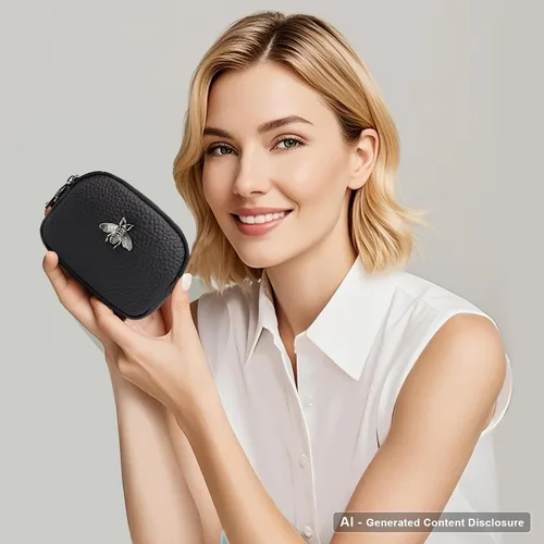 Vista 6 de Monedero de cuero para mujer, billetera pequeña para mujer, bolsa de cambio A-Negro