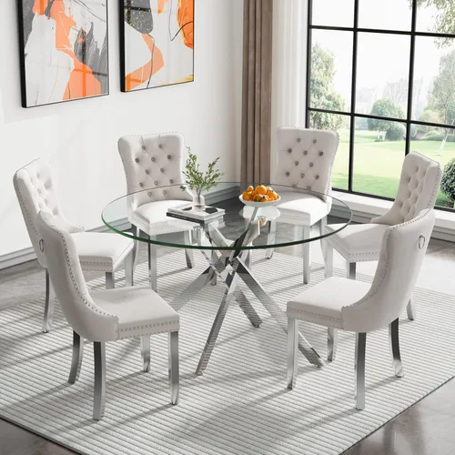 Vista 43 de Juego de mesa de comedor de cristal plateado moderno de 47 pulgadas para 2, juego de mesa de comedor de cocina redonda de 3 piezas con patas