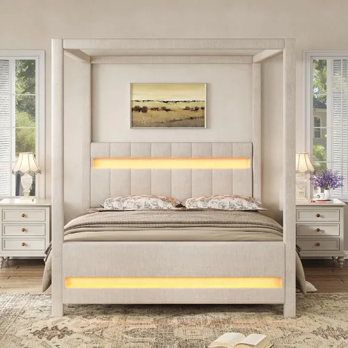 Vista 54 de Cama de plataforma con dosel de 4 pósteres de tamaño matrimonial con cabecero de listones verticales Negro-8.1