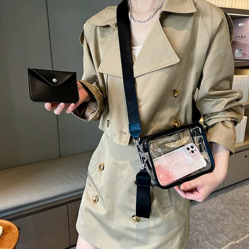 Vista 4 de Mini bolso cruzado transparente con monedero para mujer, aprobado por estadios, bolsa cuadrada de hombro Negro
