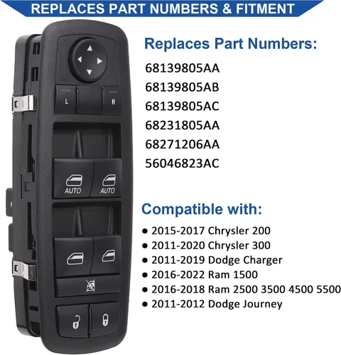 Vista 2 de Obaee Interruptor de ventana delantera izquierda 68231805AA compatible con Chrysler 300 2011-2012, Chrysler 200 2015-2017, Dodge Charger 2011-2014