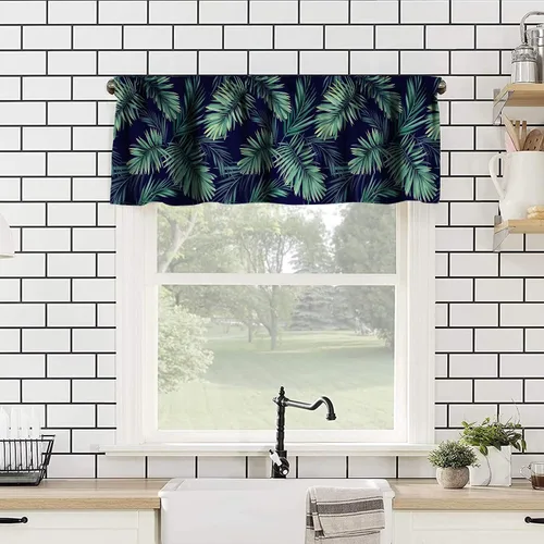 Vista 2 de Cortina de cenefa de hojas verdes tropicales, diseño de hojas de palmera, cenefa con bolsillo para barra, 1 panel, cortinas cortas para cocina