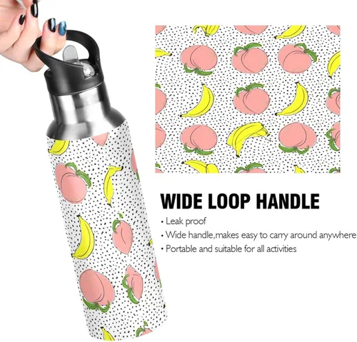 Vista 4 de BPA-Free Sport Water Bottle Insulated 32 Oz, Insulated Water Bottle for Gym Outdoor Travel School, Peaches Bananas Polka Dot