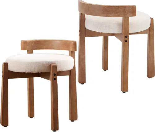 Vista 16 de HEAH-YO - Silla de tocador de madera con respaldo, pequeño taburete con reposapiés tapizado en lino, silla de maquillaje de estilo moderno