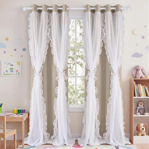 Vista 37 de PONY DANCE Cortinas con Volantes de Doble Capa con Superposición Transparente, Decoración Elegante para Ventanas de Diseño Rústico Francés de Campo