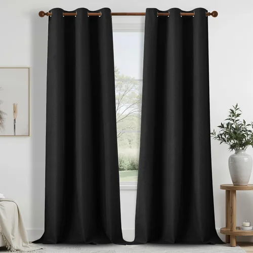Vista 62 de DONREN Cortinas opacas completas para dormitorio, aislamiento térmico y reducción de ruido, cortinas de lino con ojales para sala de estar y Negro