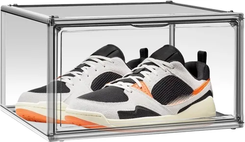 Vista 22 de Paquete de 2 cajas de zapatos de acrílico para armario, transparentes, apilables, tamaño 12 contenedores de almacenamiento de zapatos con tapas