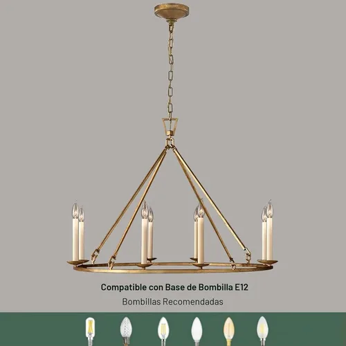 Vista 4 de LOVEDIMA Candelabro de rueda de carro, color dorado, rústico, de 35.4 pulgadas, con forma de vela, de metal con forma de vela, lámpara colgante