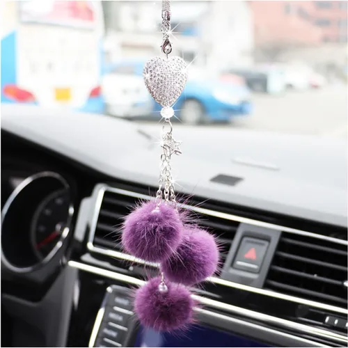 Vista 19 de Ziciner Accesorios de Interior de Coche con Diamantes Brillantes en Forma de Corazón - Adorno Colgante de Corazón y Bola de Felpa Rosa, Encanto