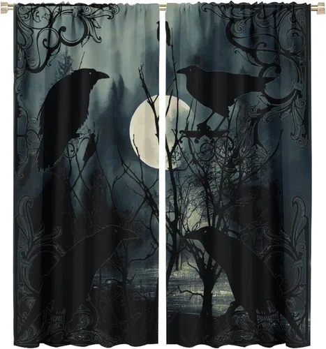 Vista 34 de Cortinas góticas rústicas con estampado de cuervo de bosque brumoso, rama, luna, bolsillo para barra, cortinas de ventana para dormitorio, sala