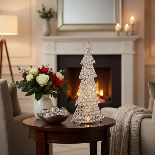 Vista 5 de Modern Day Accents Escultura de árbol de Navidad de cristal, 16 pulgadas de altura, transparente, plata, vidrio, hierro, decoración navideña al aire
