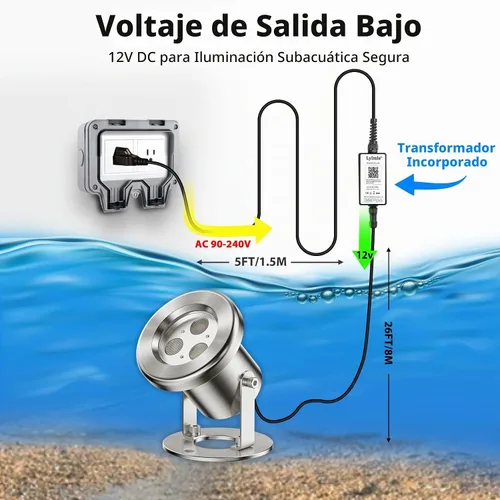 Vista 2 de LyLmLe Luces LED de estanque con control por APP, luz de fuente subacuática RGB de acero inoxidable SS316 de 6W con transformador de 12V, luces