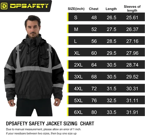 Vista 6 de Chaqueta de seguridad 3 en 1, chaqueta reflectante de alta visibilidad, chaqueta bomber Hi Vis, forro polar, impermeable, ANSI Clase 3, negro, S