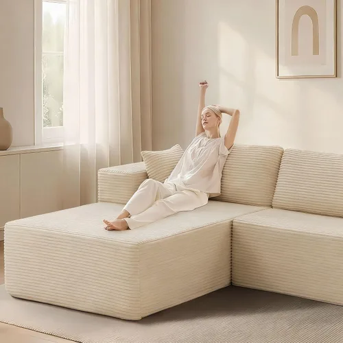 Vista 2 de Sofá modular modular en forma de L de 104 pulgadas con diván, sofá deshuesado similar a una nube, tapicería de pana transpirable, no requiere Beige
