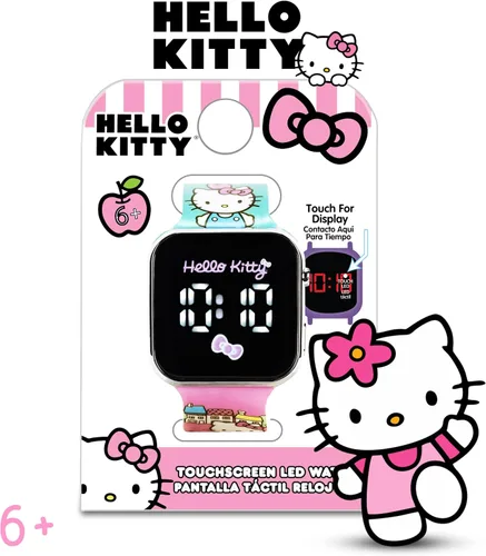 Vista 4 de Reloj Hello Kitty Kids con pantalla táctil LED de Hello Kitty con arte de personajes de Sanrio y correa con escena de la ciudad, pantalla digital