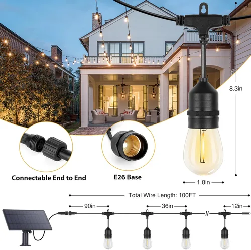 Vista 2 de ZJOJO Tira de luces solares para exteriores, impermeables, de 100 pies, luces solares para exteriores con 30+2 bombillas inastillables IP65, luces