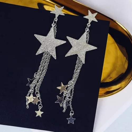 Vista 4 de Star Earrings for Women Laser Star Sequin Earrings for Teen Girls Fringe Star Dangle Earrings Iridescence Star Design Drop Earrings Pearl Earrings