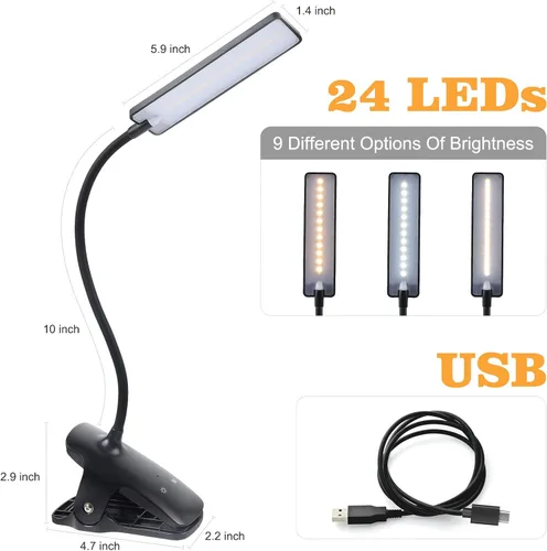 Vista 2 de Luz de Lectura LED con Clip Recargable USB Luces para Libros, 24 LEDs Lámpara de Cama Nocturna de Cuello Flexible, Control Táctil Lámparas