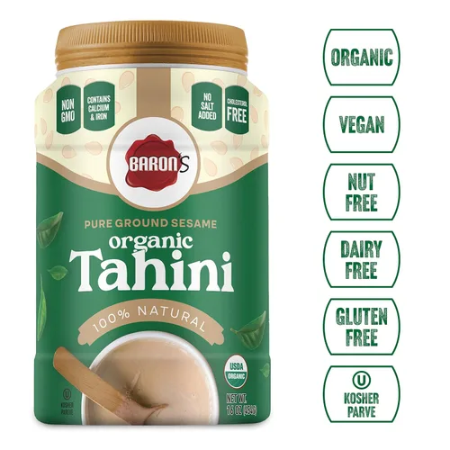 Vista 4 de Sésamo Baron's Kosher de Tahini molido, puro, orgánico, certificado por el Departamento de Agricultura de los Estados Unidos. Frascos de 16 onzas