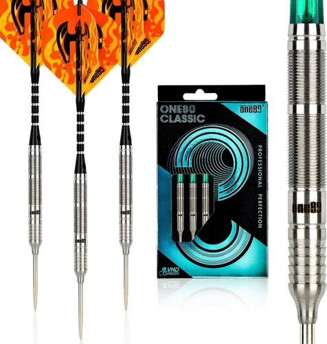 Vista 15 de ONE80 - Dardo de punta de acero profesional de tungsteno 90% VHD, estilo barril con vuelos extra, ejes y sacapuntas, caja de regalo con empaque