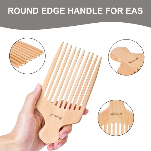 Vista 3 de Peine de bambú para cabello rizado, peine desenredante de dientes anchos de madera premium con mango ergonómico, volumen natural y herramienta