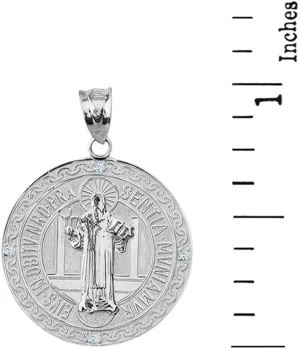 Vista 2 de Medalla De San Benito Saint St Benedict Colgante de Moneda de Oro Blanco de 10 k (1"), Oro blanco Diamante, diamante blanco
