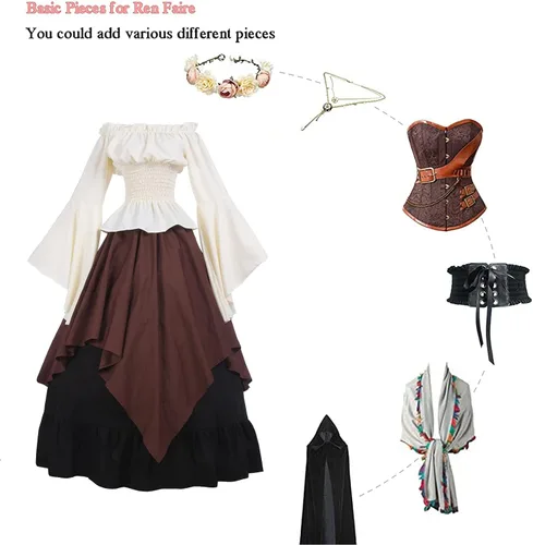 Vista 6 de CR ROLECOS Disfraz renacentista para mujer, vestido medieval campesino, manga trompeta, camisa y falda victoriana