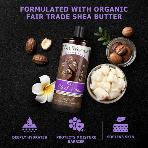 Vista 4 de Dr. Woods Raw Black Hidratante líquido Castilla Jabón orgánico con manteca de karité, 32 onza, Negro Body Wash for Men and Women, Contains Organic