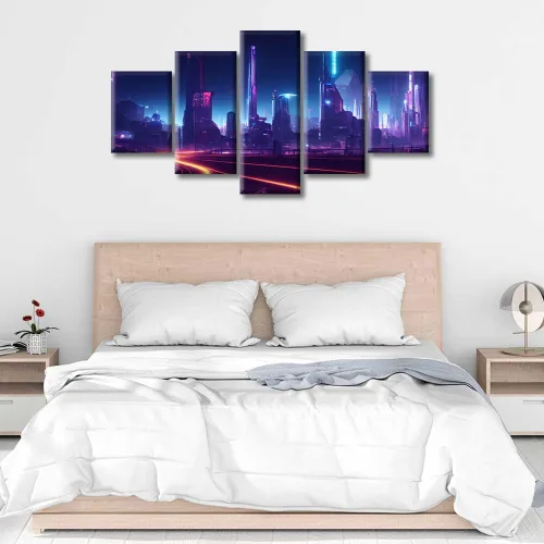 Vista 54 de Cuadros de 5 paneles de Cyberpunk City, arte de pared, representación de vallas publicitarias, edificios modernos en la capital con obras de arte