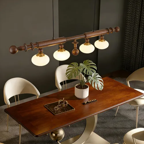 Vista 4 de Lámpara de araña lineal de madera y globo de madera para comedor, lámpara rústica de 4 luces lineales para isla de cocina, lámpara colgante moderna