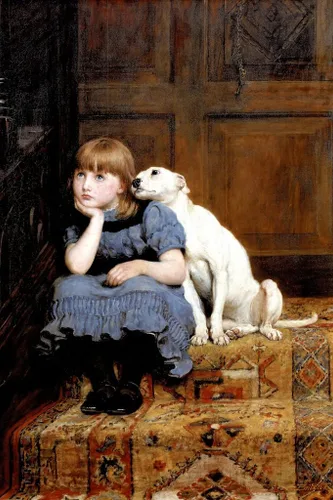 Vista 2 de Laminado Briton Riviere Sympathy 1877 Pintura de estilo académico Realismo Sargent Pintura Obra de Arte de Retrato de Niño Pintura al óleo Pintura