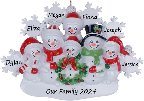 Vista 3 de Adornos personalizados de muñeco de nieve de Navidad, muñeco de nieve de 2024 familia de 2 con adorno de copos de nieve, adorno de pareja de muñeco
