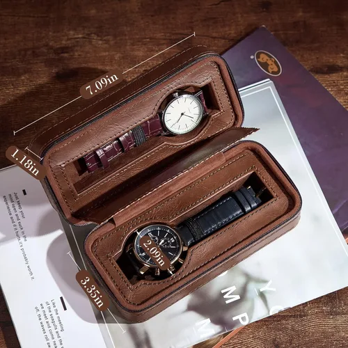 Vista 7 de BEWISHOME Estuche de viaje para relojes, cajas de reloj con 2 ranuras para hombre, organizador de relojes portátil, vitrina de relojes, accesorio