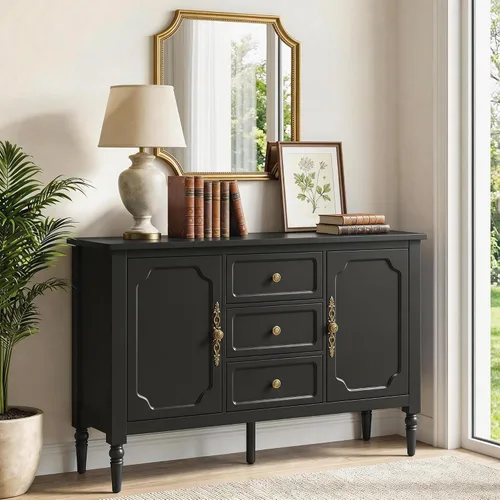 Vista 15 de RoyalCraft Armario buffet con almacenamiento, aparador moderno de mediados de siglo con 3 puertas, mesa de café pintada con estantes ajustables